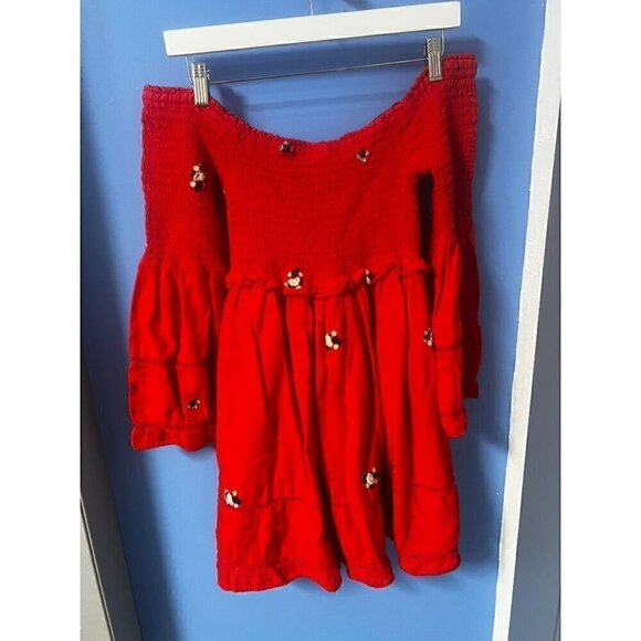 FREE PEOPLE Red Off-Shoulder Smocked Dress, Embroidered Floral, Flare Sleeve, XS - Picture 3 of 9